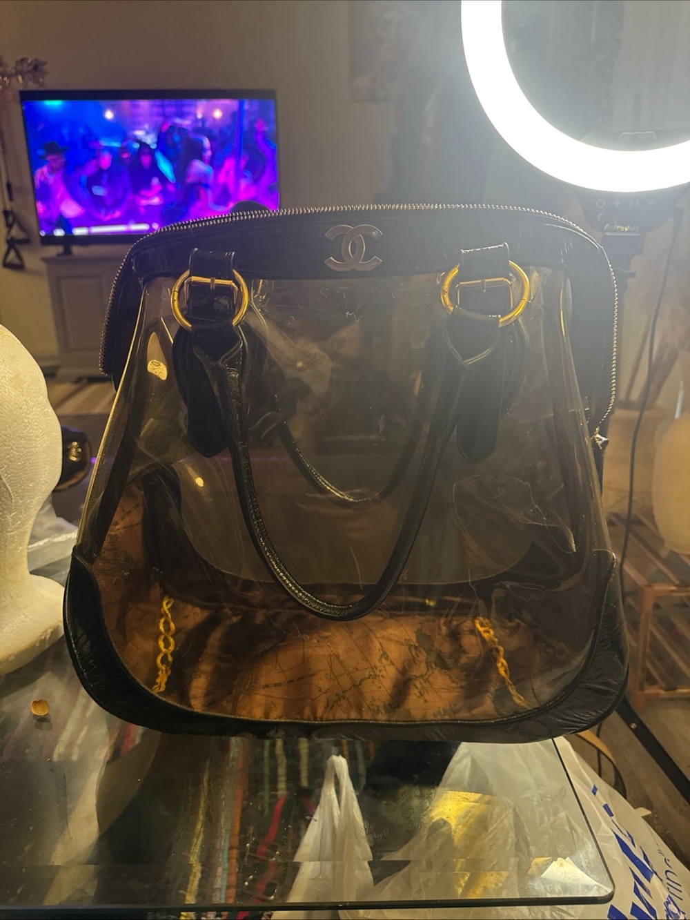 CHANEL Clear PVC Tote with Black Leather Trim & Gold Hardware